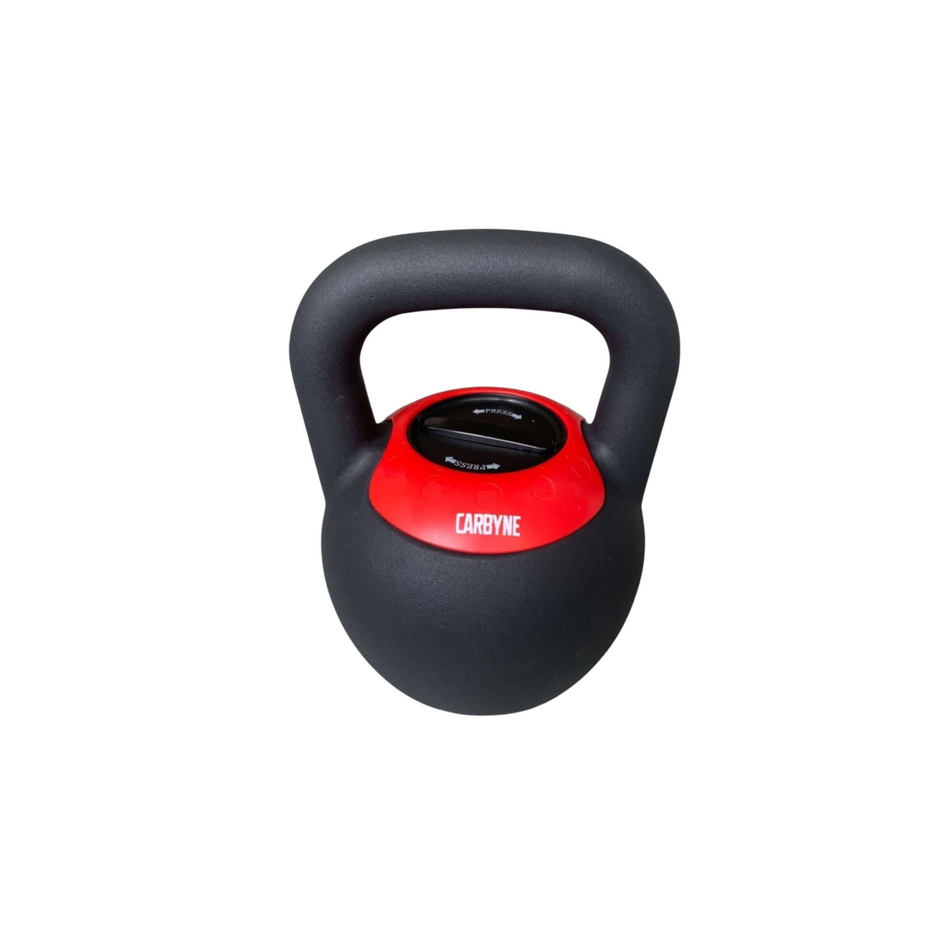 CARBYNE adjustable kettlebell for home gym workouts, featuring push and twist weight adjustment from 16kg to 24kg.