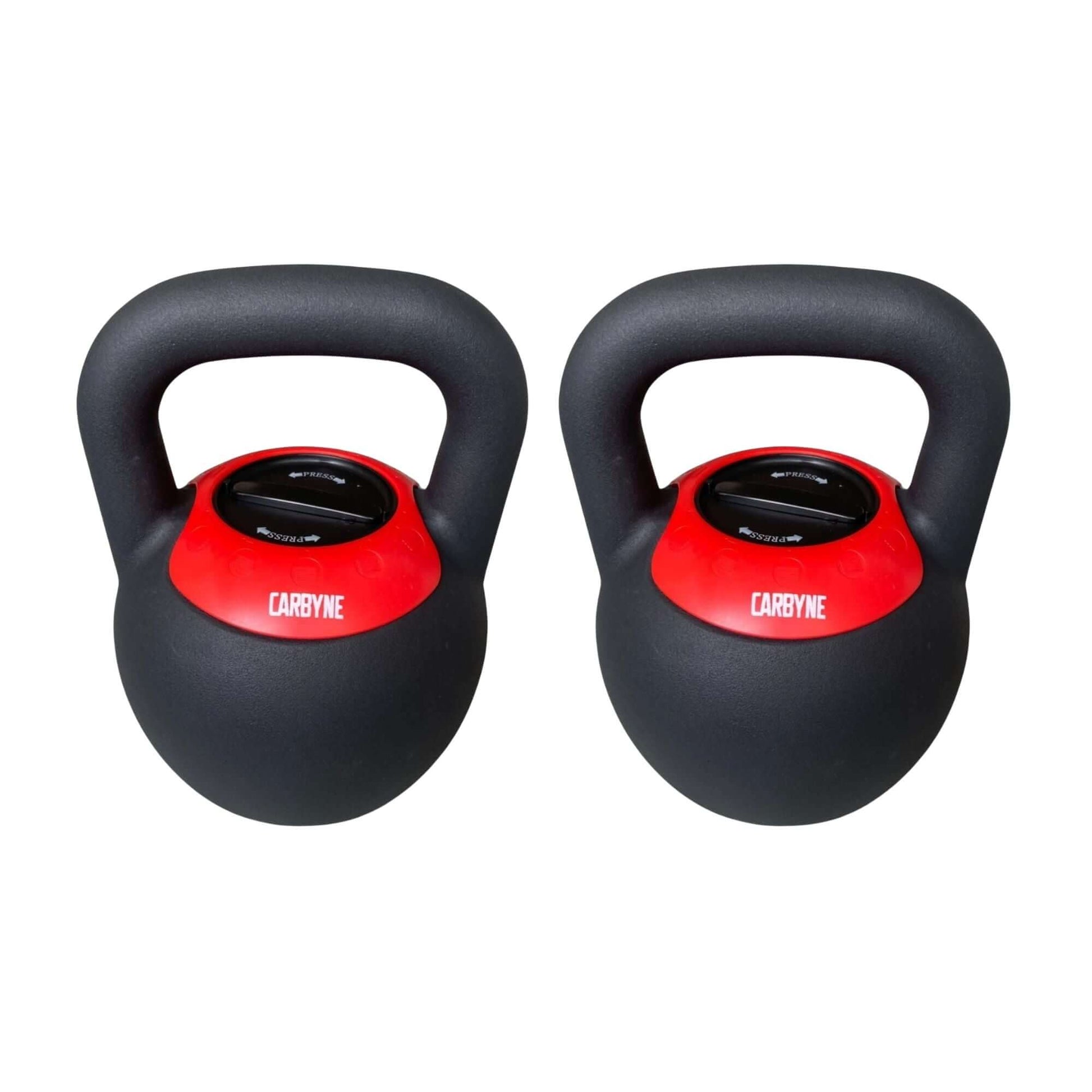 CARBYNE adjustable kettlebells in red and black, perfect for home gym workouts and strength training with quick weight adjustments.