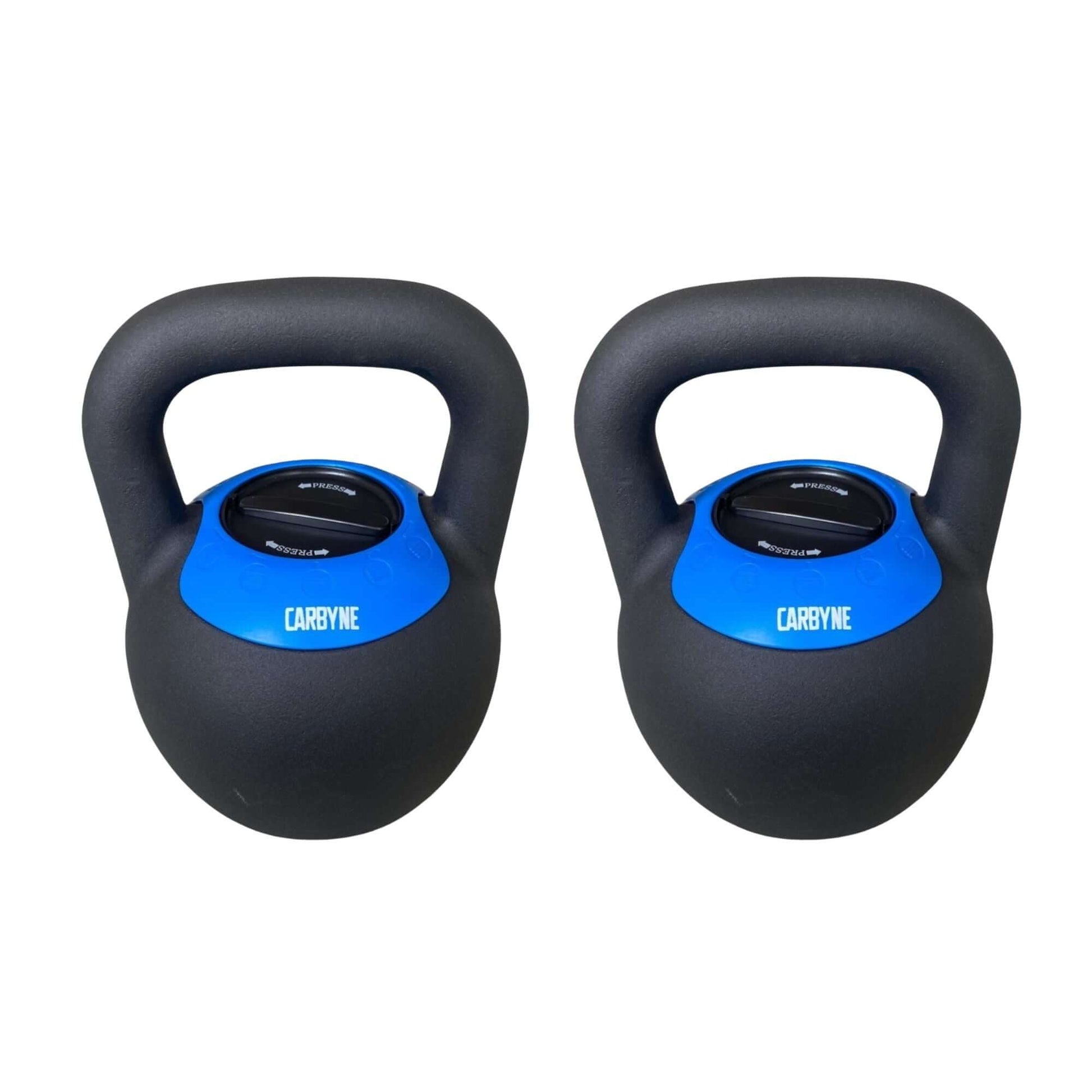 CARBYNE adjustable kettlebells, 16KG/24KG, black with blue accents, ideal gym equipment for home workouts, strength training, and core stability.
