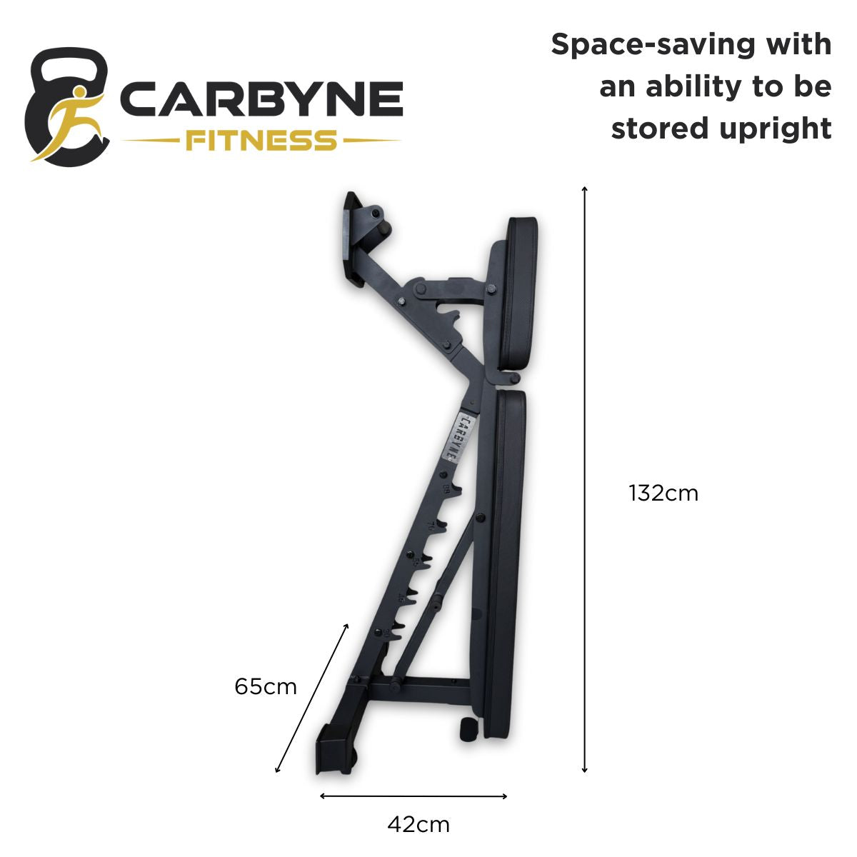 CARBYNE 30KG Commercial Bench, space-saving gym equipment, dimensions 132cm x 65cm x 42cm, ideal for home workouts in Singapore.