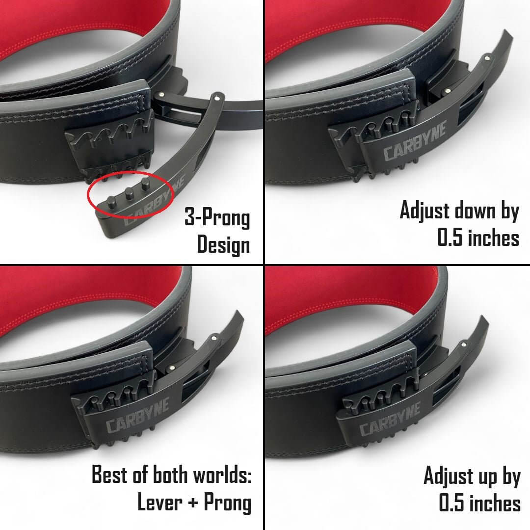 CARBYNE Adjustable Lever Weight Belt with 3-prong design and half-inch adjustability for gym equipment use.
