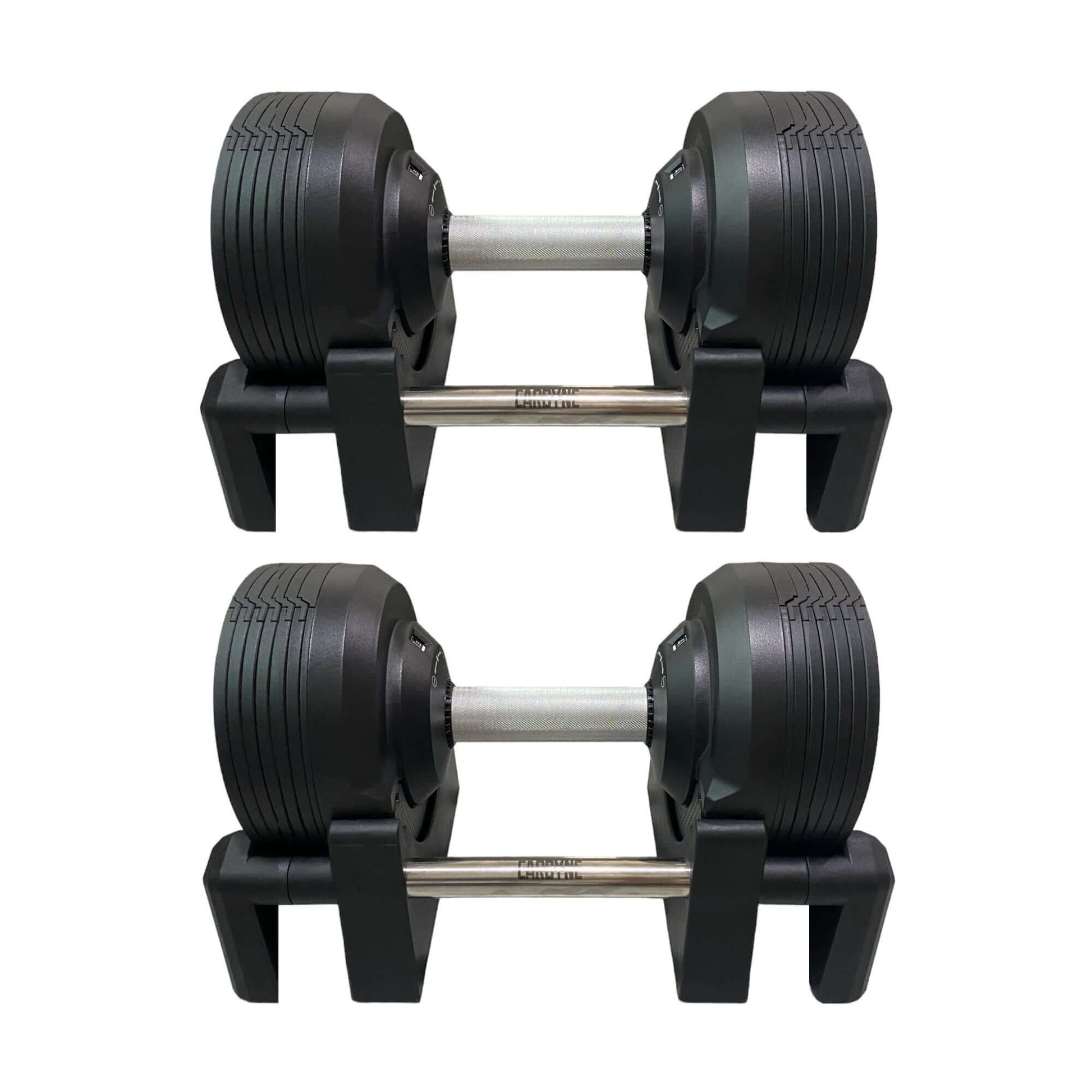 Black CARBYNE 415 adjustable dumbbells on racks, perfect for home gym workouts with 1.5kg weight increments, up to 41.5kg.