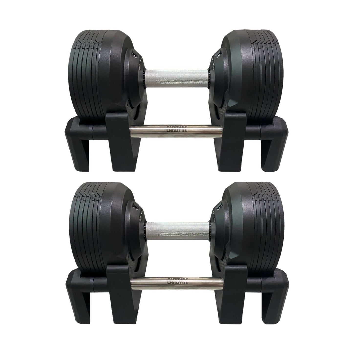 Black CARBYNE 415 adjustable dumbbells on racks, perfect for home gym workouts with 1.5kg weight increments, up to 41.5kg.