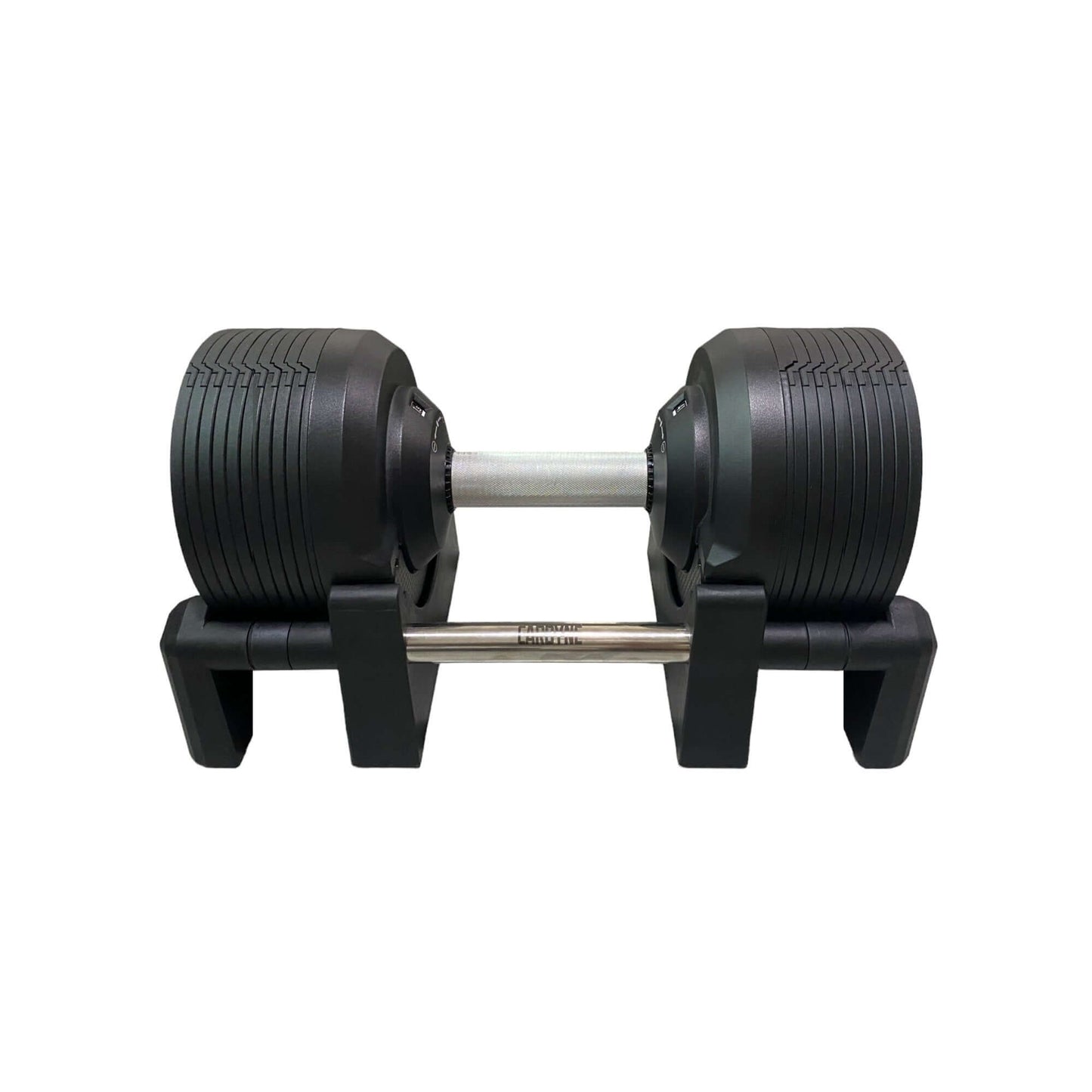 CARBYNE 415 Black Adjustable Dumbbell on stand, ideal for home gym workouts, weight range 4kg to 41.5kg, sleek gym equipment.