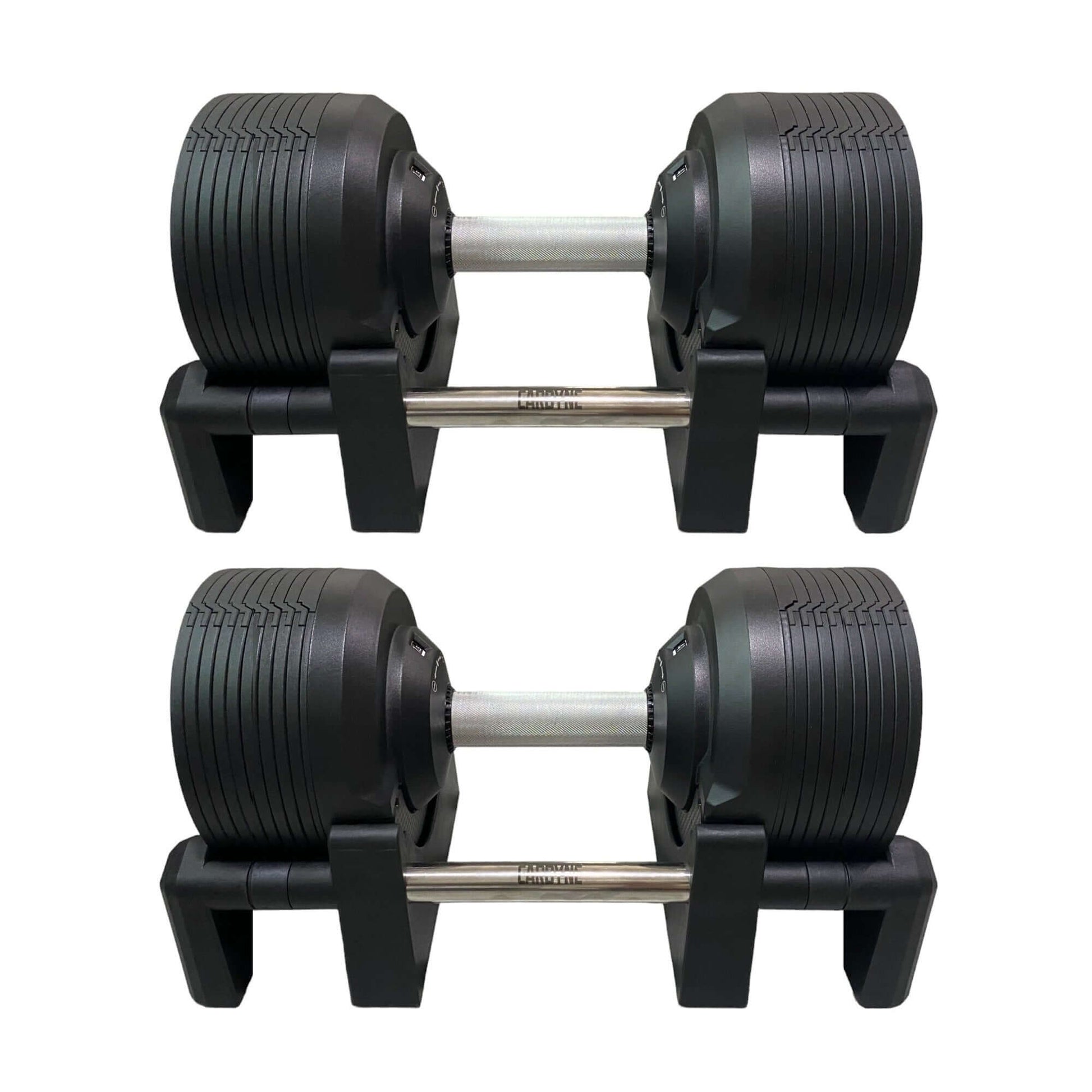 CARBYNE 415 Black Adjustable Dumbbells for home gym workouts, featuring a sleek design and weight range from 4kg to 41.5kg.