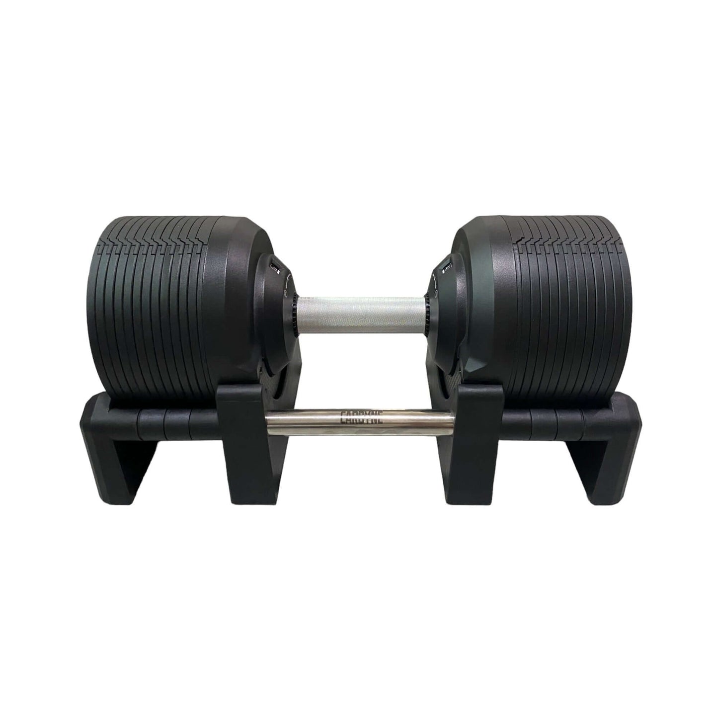 CARBYNE 415 Black adjustable dumbbell on stand, ideal for home gym workouts with weight range from 4kg to 41.5kg.