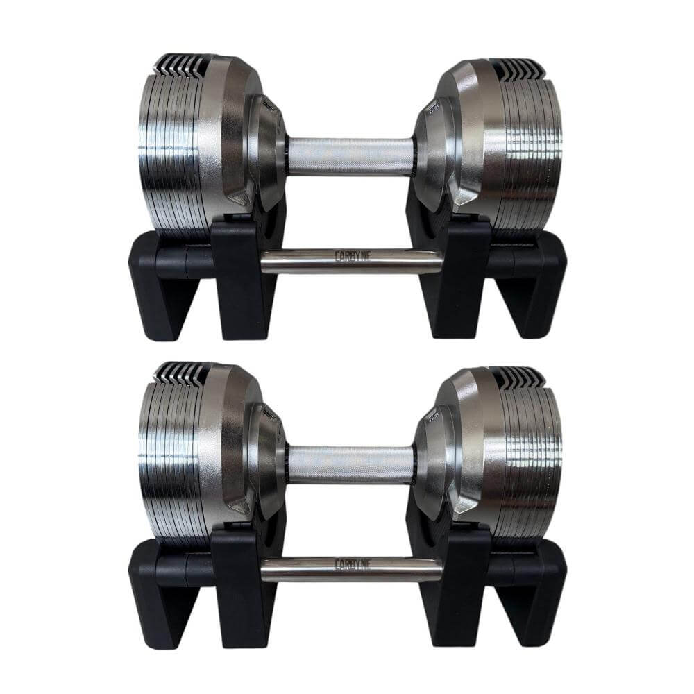 CARBYNE 415 adjustable dumbbells on stands for home gym workouts, sleek design, weight range 4kg to 41.5kg, gym equipment.