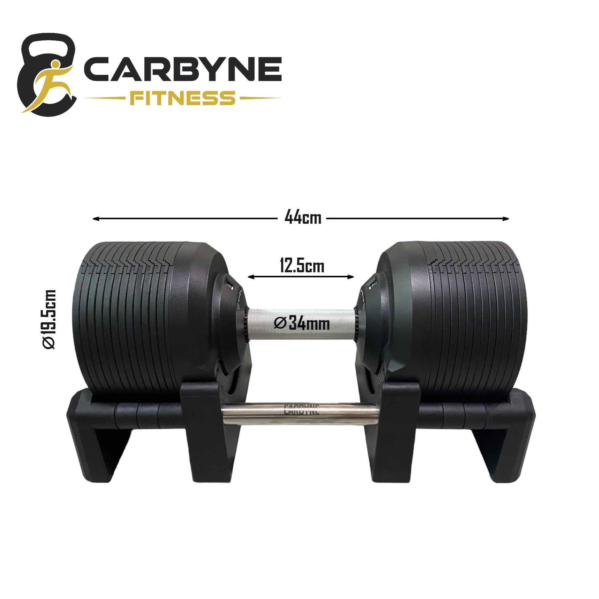 Carbyne Fitness dumbbell set with measurements on a white background