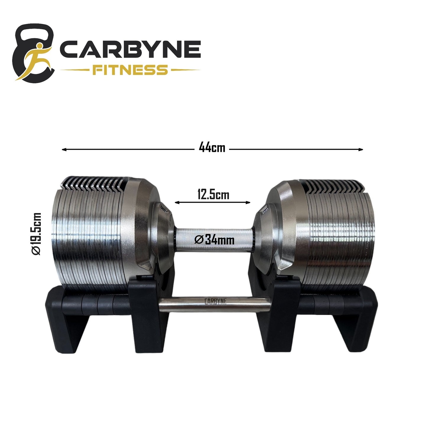 Carbyne Fitness dumbbell with measurements on a white background