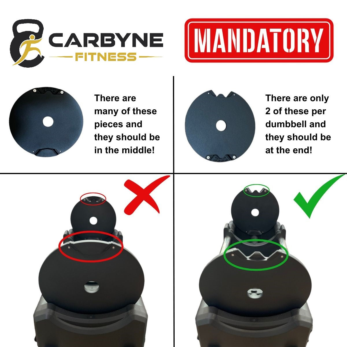 Black CARBYNE 415 adjustable dumbbells must read