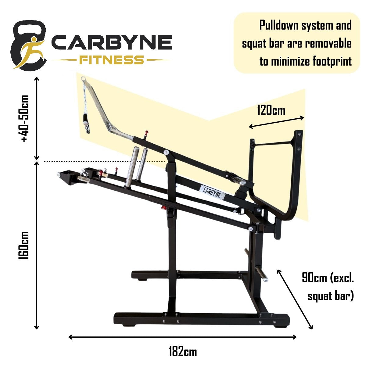 CARBYNE Plate Loaded Functional Trainer dimensions, showcasing removable pulldown and squat bar for space-saving design.