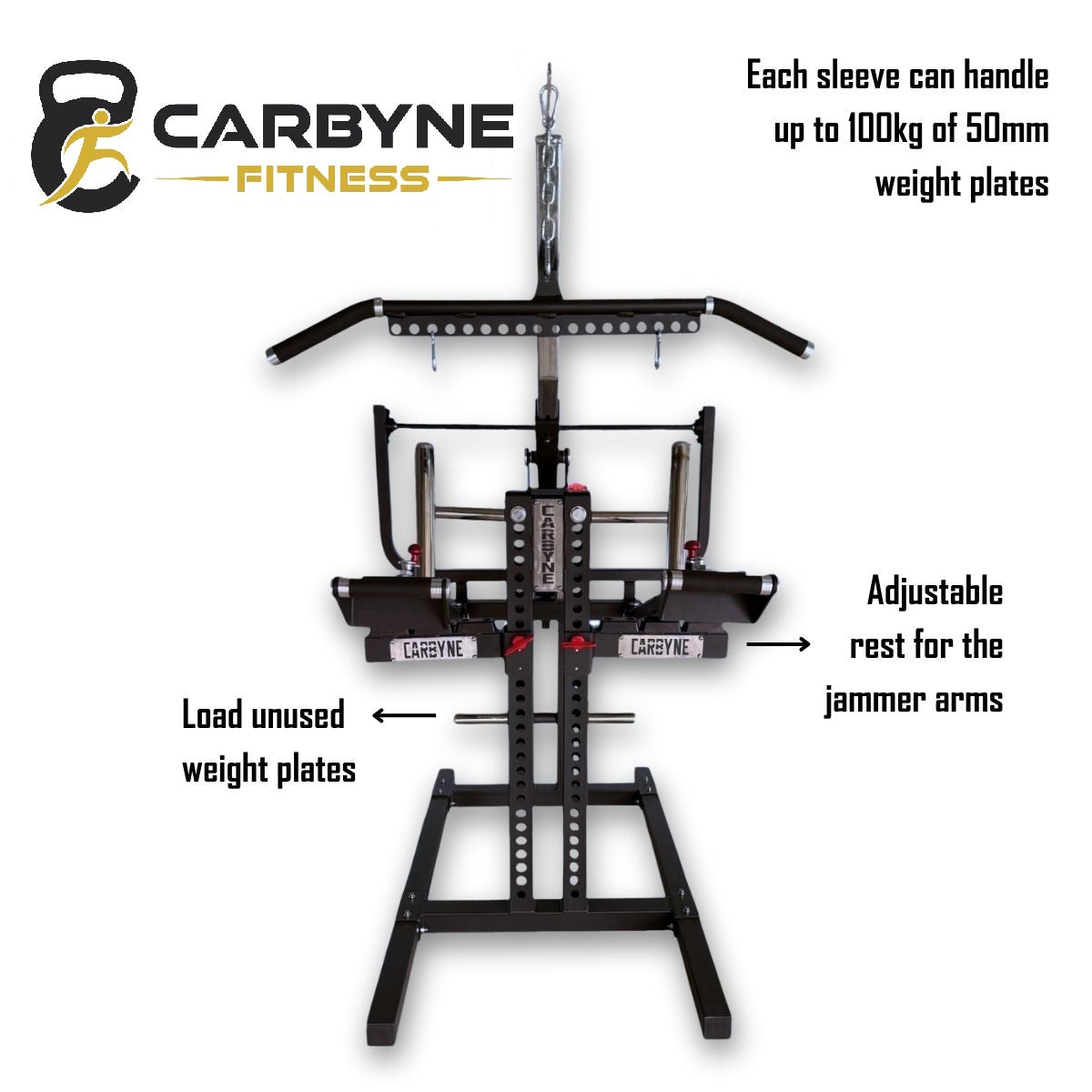 CARBYNE Plate Loaded Functional Trainer with adjustable rest and capacity for 100kg weight plates, perfect for home gym use.
