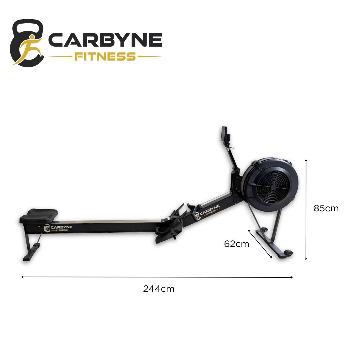CARBYNE Rowing Machine dimensions: 244cm length, 62cm width, 85cm height. Premium gym equipment for home fitness in Singapore.