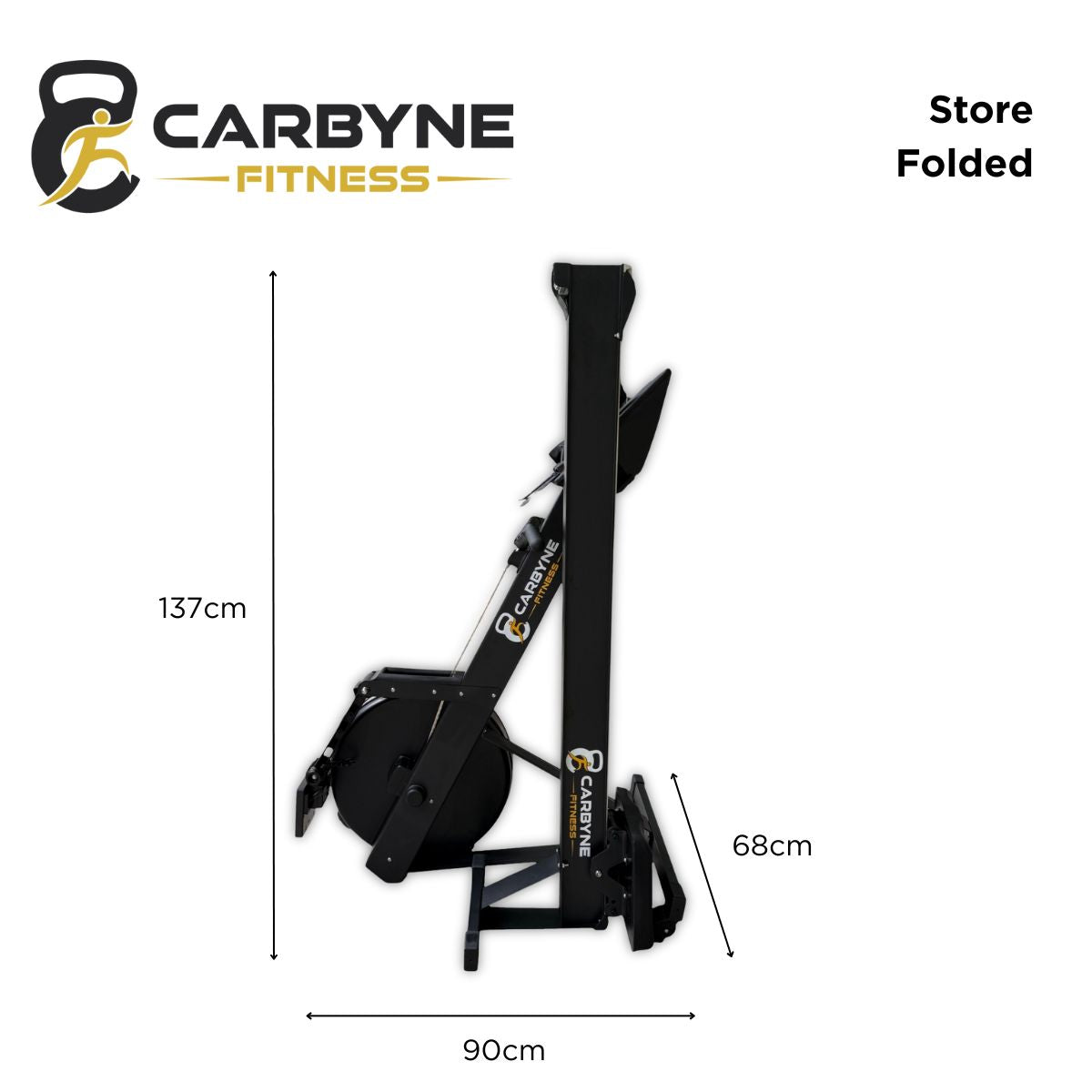 CARBYNE Rowing Machine dimensions displayed, folded for easy storage, ideal gym equipment for home fitness in Singapore.