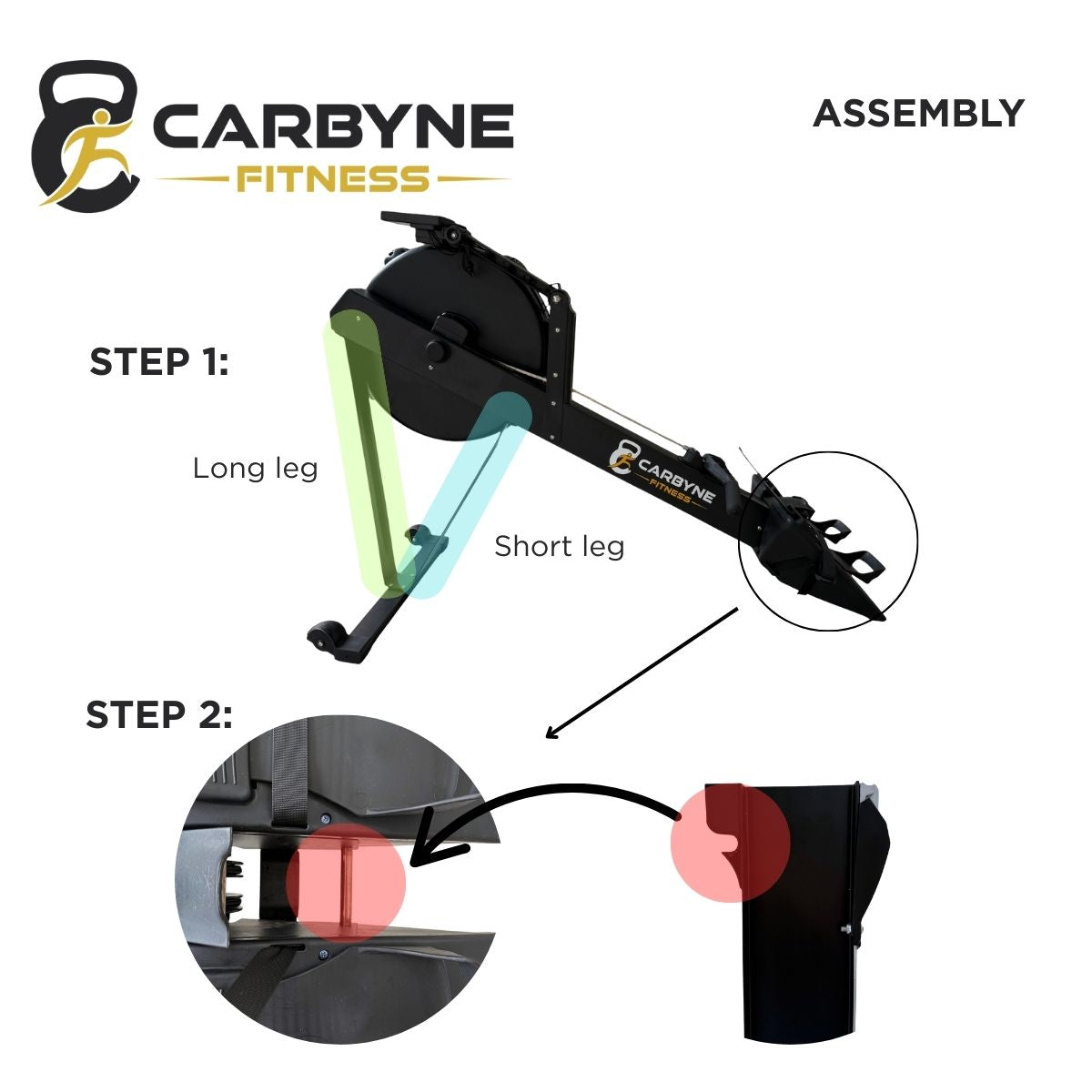 Assembly steps for CARBYNE Rowing Machine, including long and short leg connection. Ideal home gym equipment in Singapore.