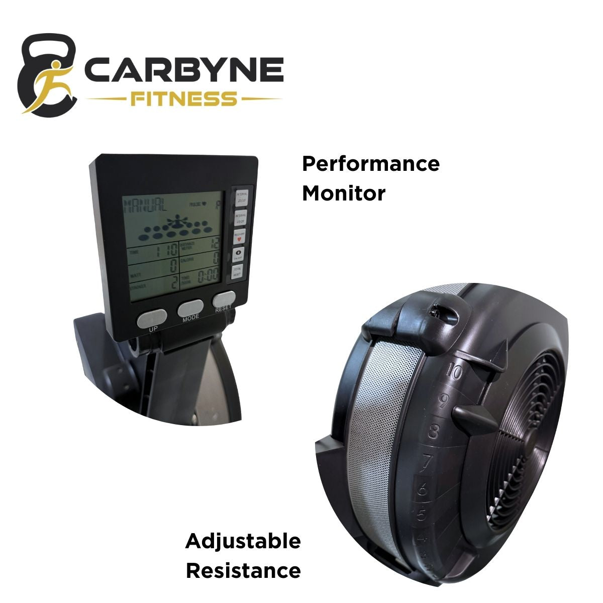 CARBYNE Rowing Machine's performance monitor and adjustable resistance feature, ideal gym equipment for home fitness in Singapore.