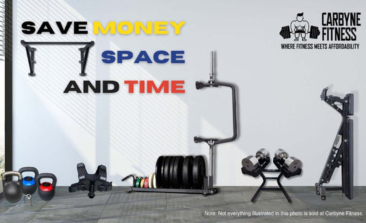 Home gym equipment setup with kettlebells, dumbbells, and weight plates, promoting savings in money, space, and time from Carbyne Fitness.