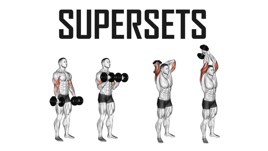 "Supersets workout illustration with adjustable dumbbells for muscle endurance training in the gym"