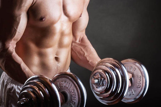 Man lifting dumbbells showcasing gym equipment for strength training and muscle building fitness.