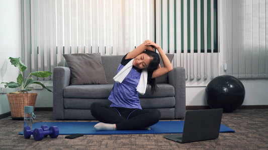 asian woman stretching yoga class trainer her laptop computer home