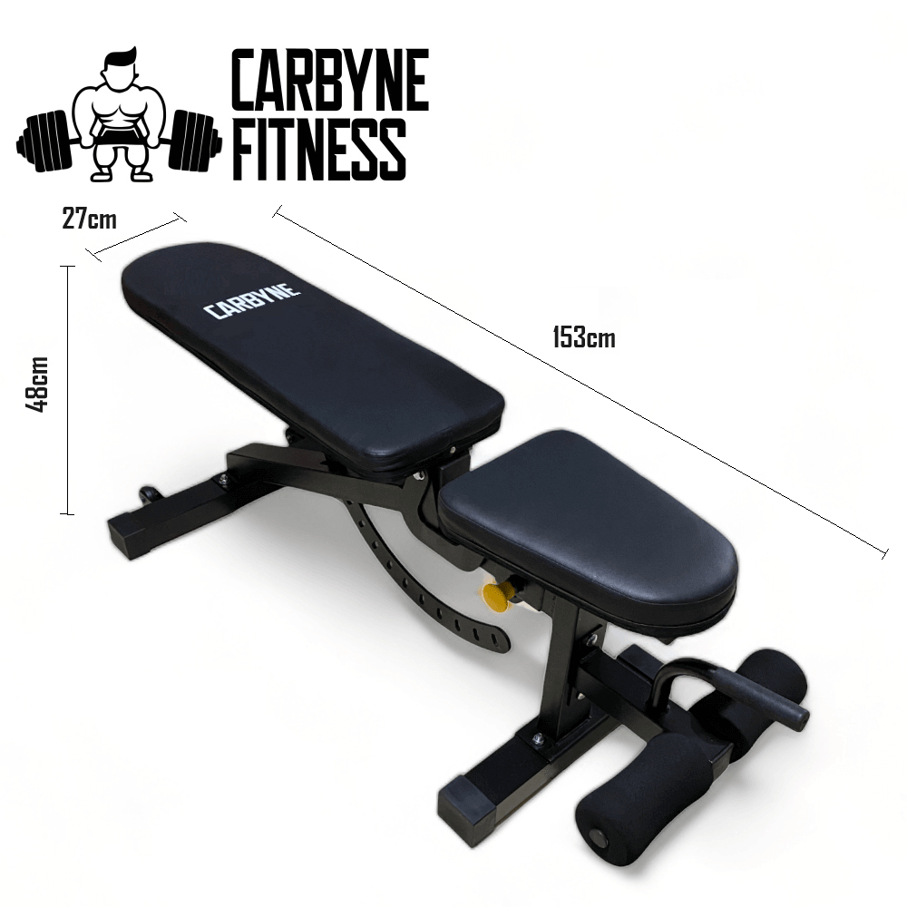 CARBYNE FID 20KG Adjustable Bench with dimensions, ideal for home gym workouts with dumbbells and kettlebells.