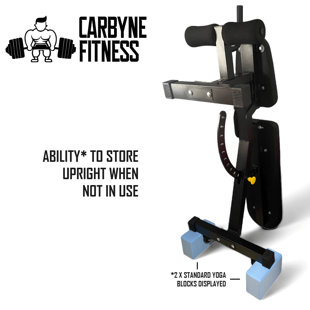 Carbyne Fitness adjustable bench shown upright with yoga blocks, ideal gym equipment for home workouts with dumbbells or kettlebells.