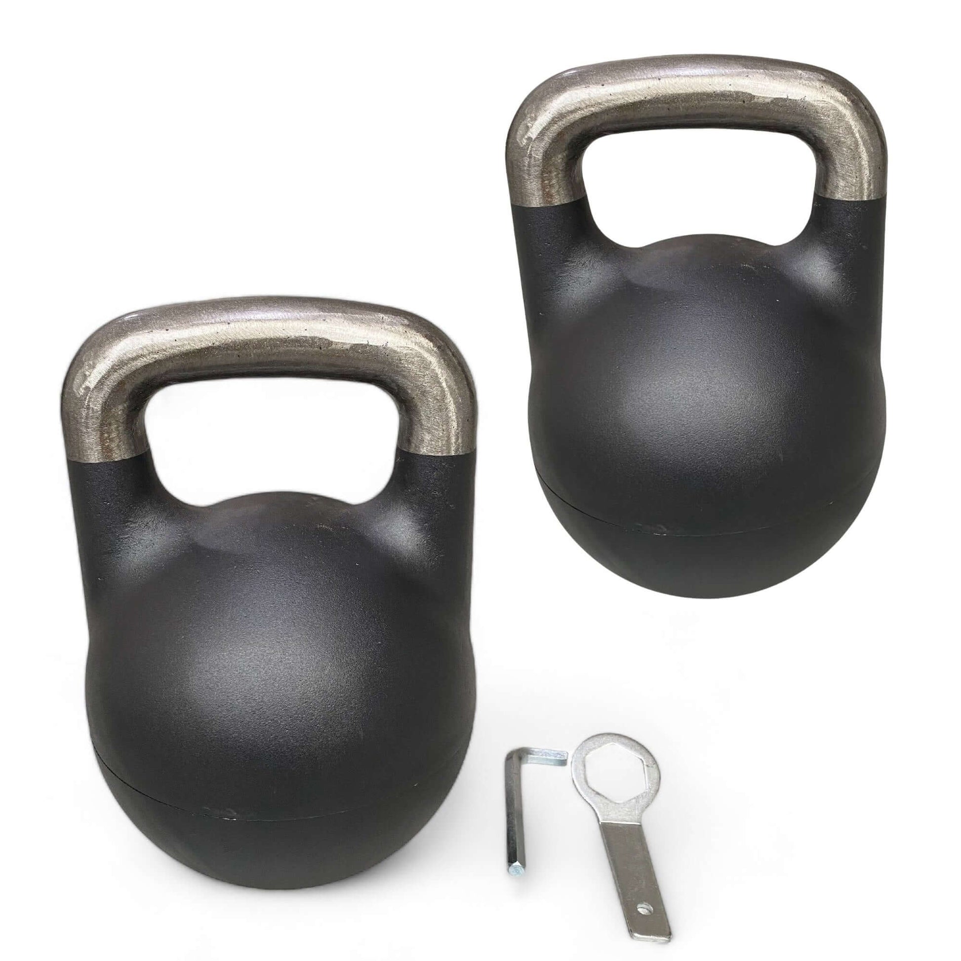 Adjustable competition kettlebell set with tools, ideal for home gyms and fitness enthusiasts.