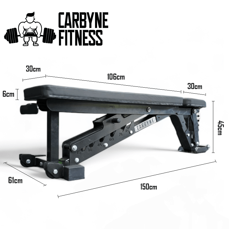 CARBYNE 50KG Commercial Bench with dimensions, adjustable backrest, ideal for home gym, dumbbell or kettlebell workouts.