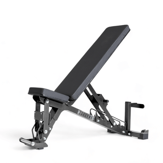 CARBYNE 50KG adjustable commercial gym bench for home workouts with dumbbells and kettlebells, supports versatile exercise routines.