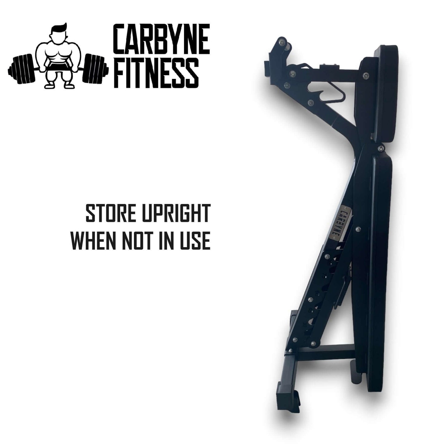 Carbyne Fitness adjustable gym bench stored upright for space-saving home gym setup.