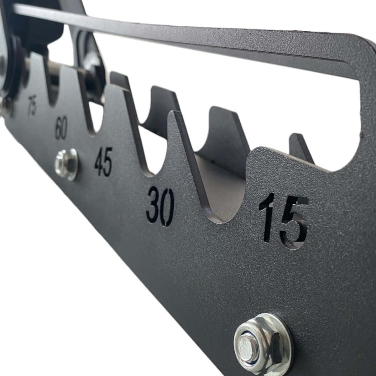 Close-up of CARBYNE 50KG Commercial Bench adjustable settings for versatile gym equipment use with dumbbells and kettlebells.