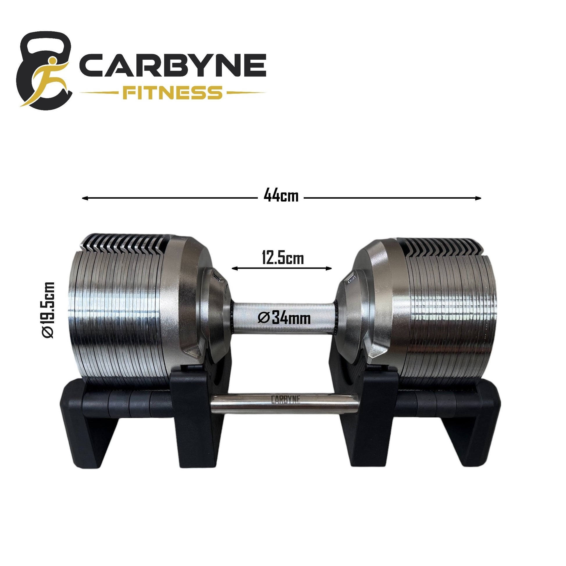 Carbyne Fitness dumbbell with measurements on a white background
