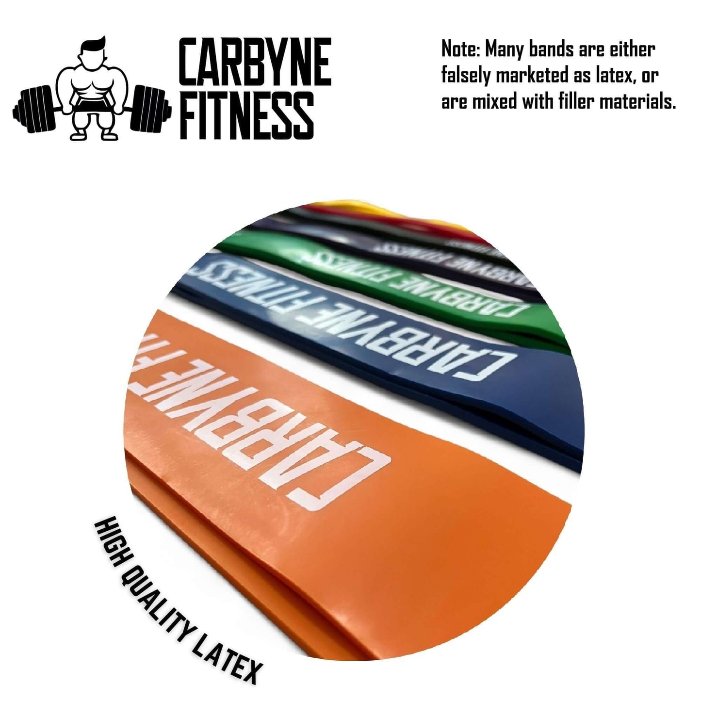 CARBYNE Resistance Bands featuring high-quality latex for home gym workouts, displaying various resistance levels for fitness training.