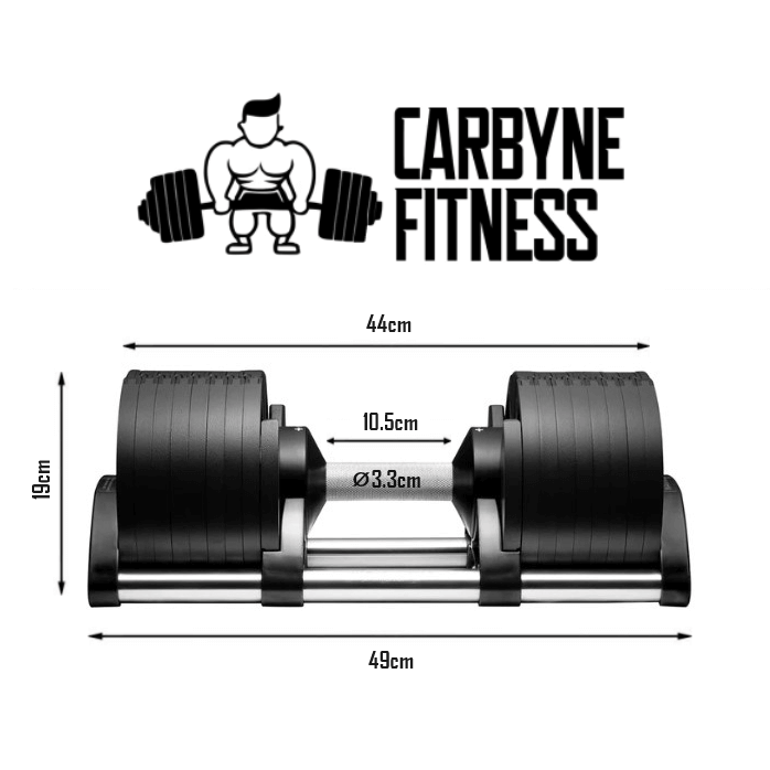 Carbyne Fitness 36KG Quick Adjustable Dumbbell with dimensions, ideal for home gym equipment and versatile weight training.