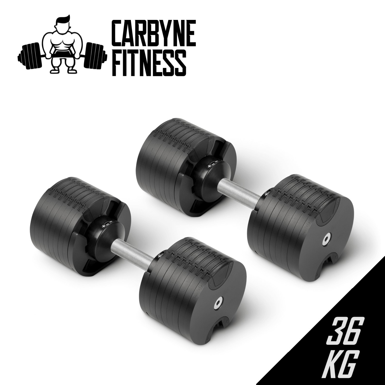 36KG adjustable dumbbells by Carbyne Fitness, featuring easy weight adjustment for home gym workouts and versatile fitness routines.