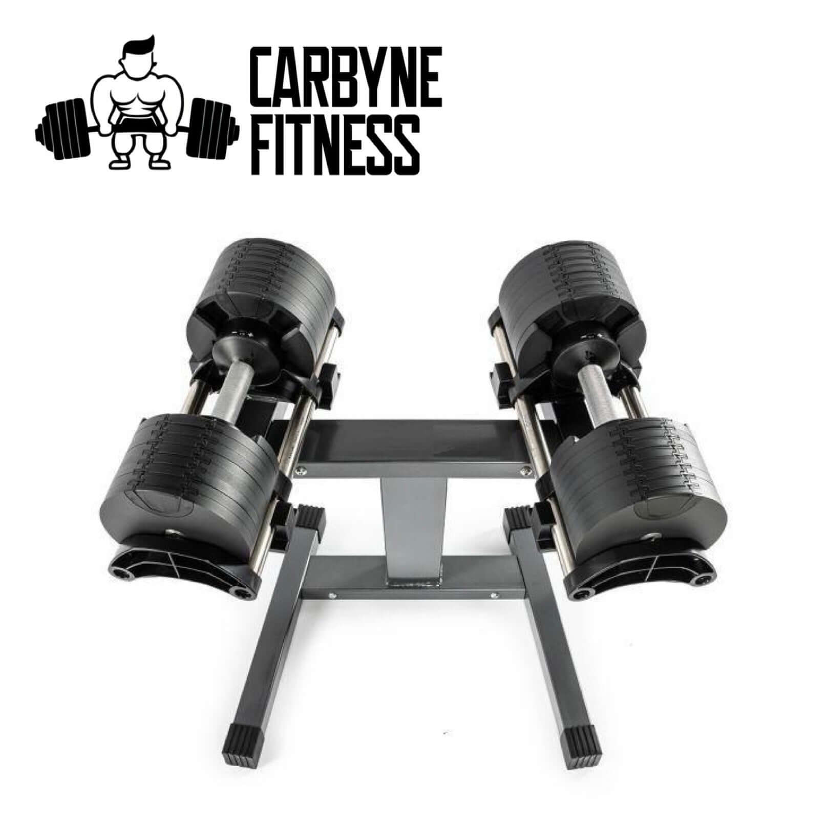 Adjustable dumbbell set on stand, perfect for home gym setups, featuring Carbyne Fitness logo. Ideal gym equipment for versatile workouts.