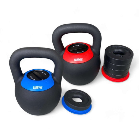 CARBYNE adjustable kettlebells with weight plates for home gym workouts and strength training.