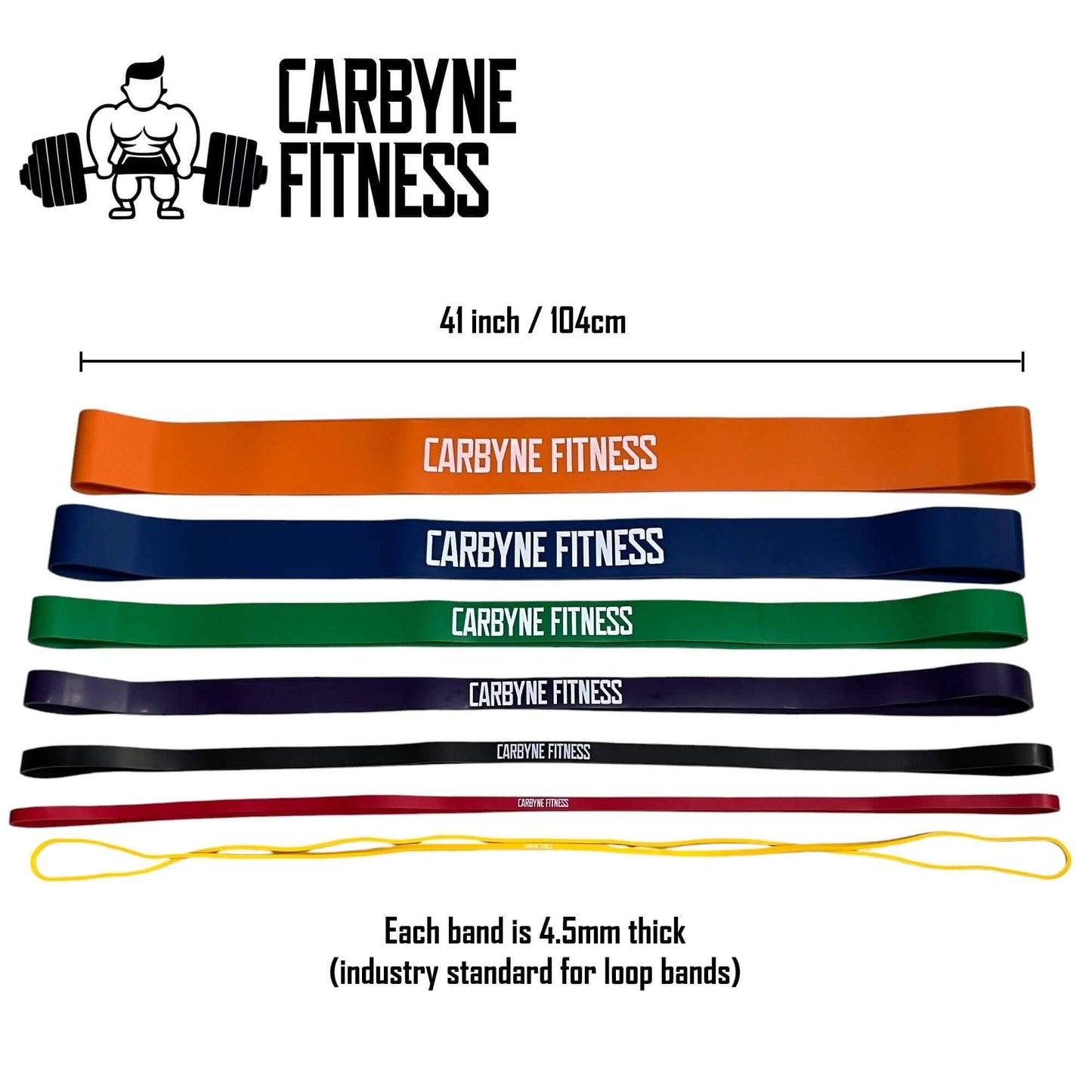 CARBYNE Resistance Bands in 7 levels for gym and home workouts, 4.5mm thick, suitable as alternative to dumbbells and kettlebells.