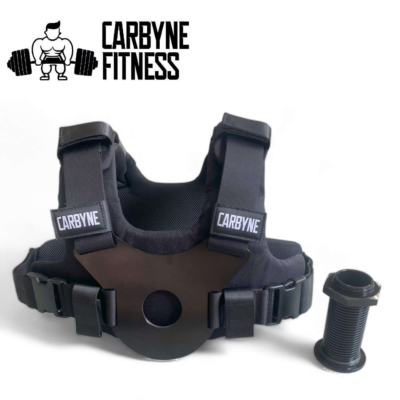 CARBYNE Plate Loaded Weight Vest for home gym workouts with adjustable weight capacity, shown with fitness accessories.