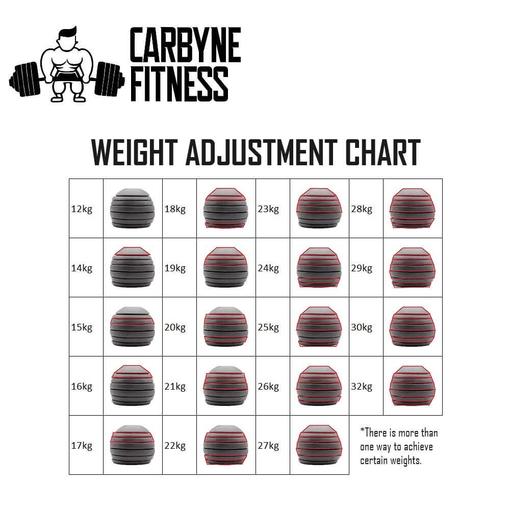 CARBYNE adjustable kettlebell weight chart from 12kg to 32kg for home gym fitness workouts.