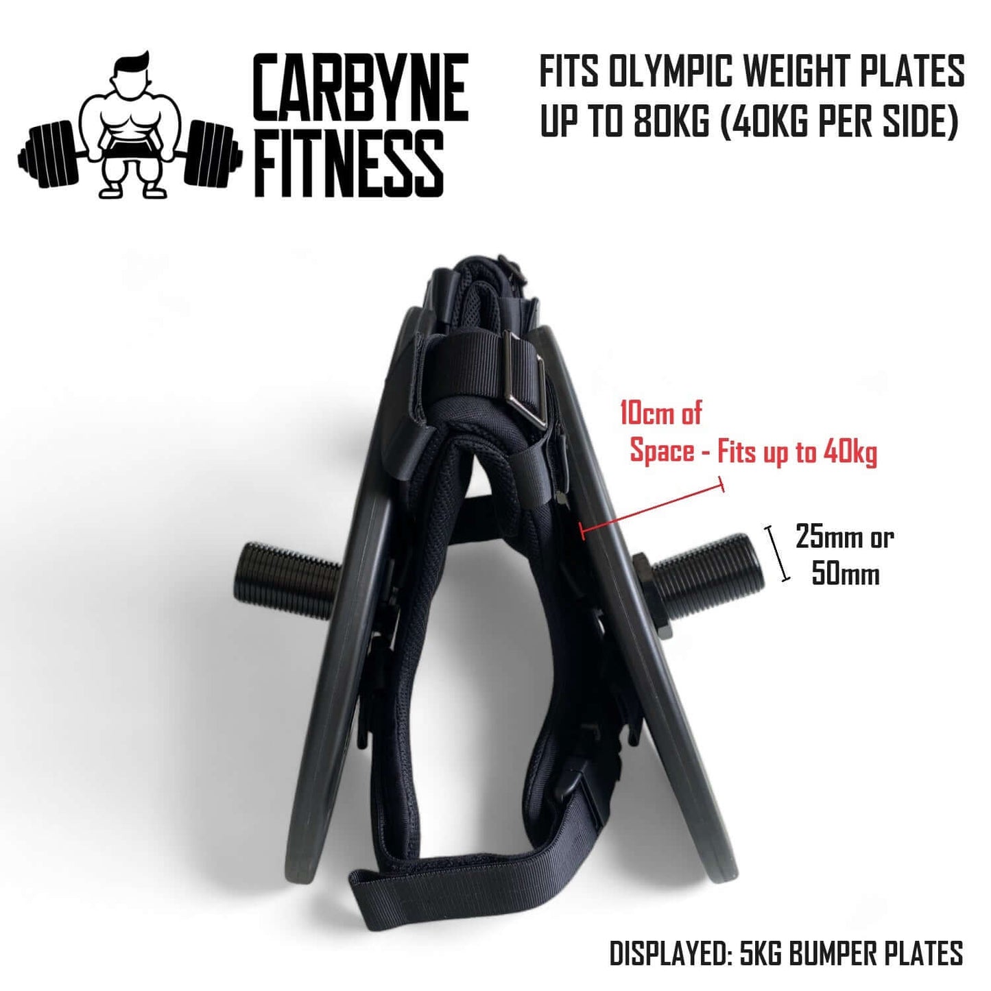 CARBYNE Plate Loaded Weight Vest with adjustable capacity up to 80KG, shown with 5KG bumper plates for home gym workouts.