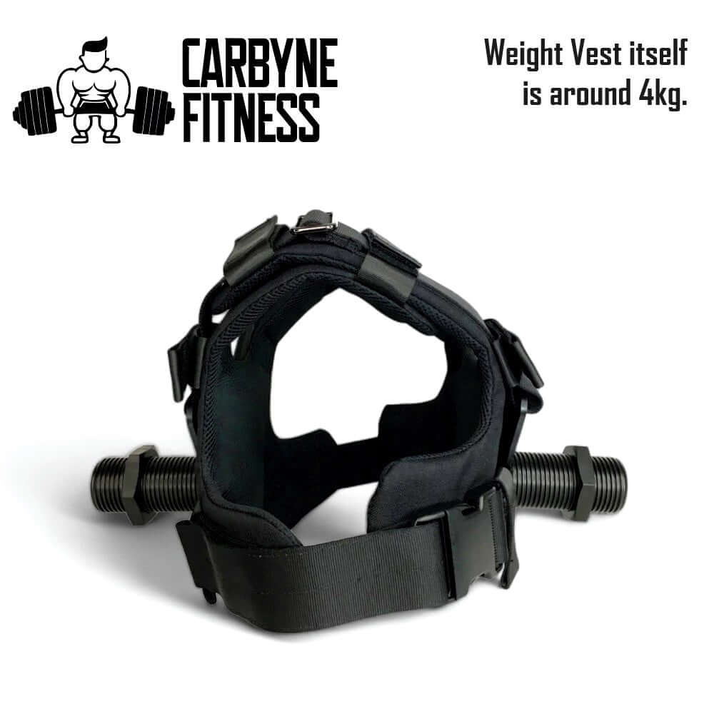 CARBYNE Plate Loaded Weight Vest with dumbbell loading design for customizable workouts, ideal for home gym and fitness enthusiasts.